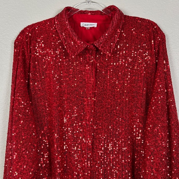 Calvin Klein women plus size 2X fully sequin top red long sleeve snap closure - Picture 3 of 14